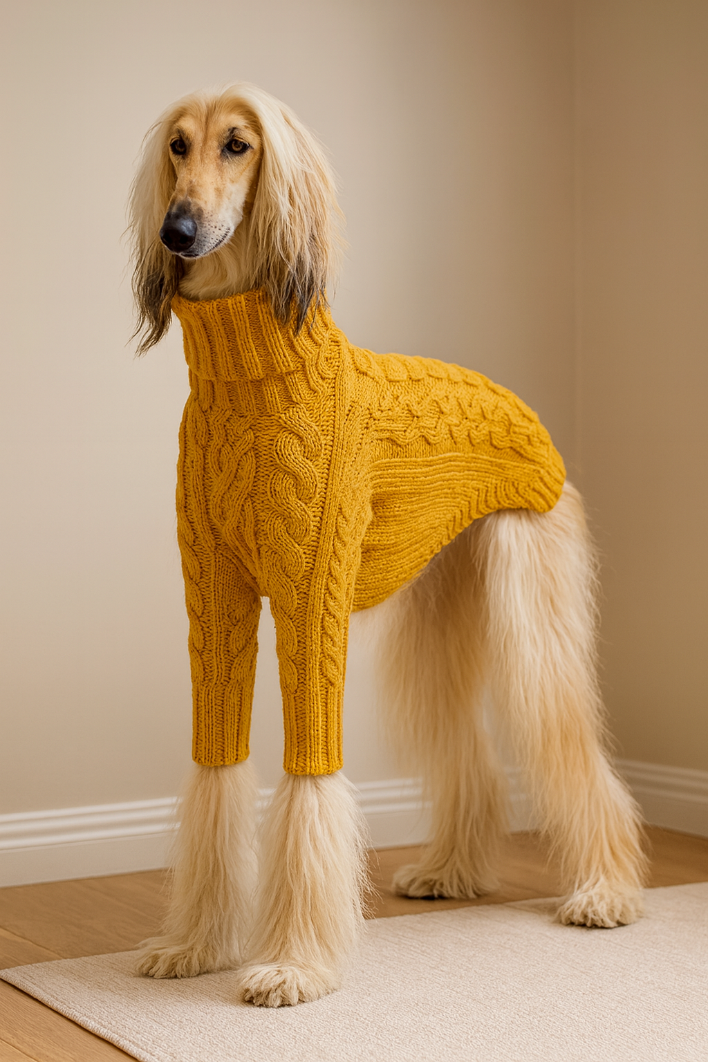 Le tricot pour chien jaune moutarde